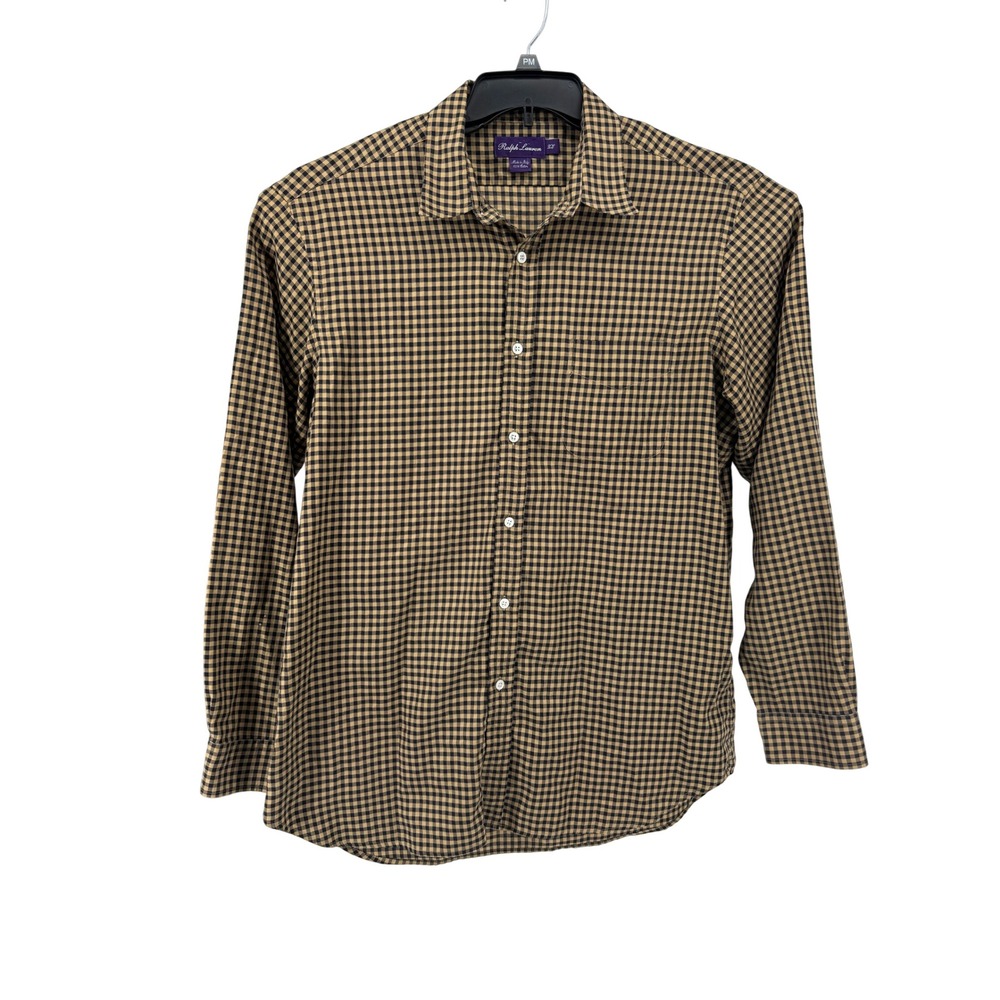 Ralph Lauren Purple Label Shirt Mens XXL Tan Black Gingham Cotton Made in Italy